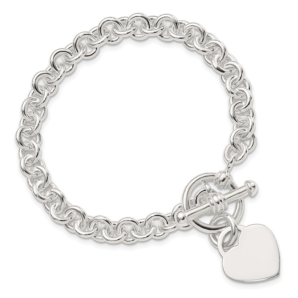 7.75 Inch Sterling Silver Engraveable Heart Disc On Fancy Link Toggle Bracelet