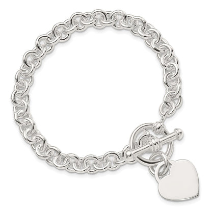 7.75 Inch Sterling Silver Engraveable Heart Disc On Fancy Link Toggle Bracelet