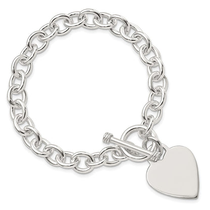 7.75 Inch Sterling Silver Engraveable Heart Disc On Fancy Link Toggle Bracelet