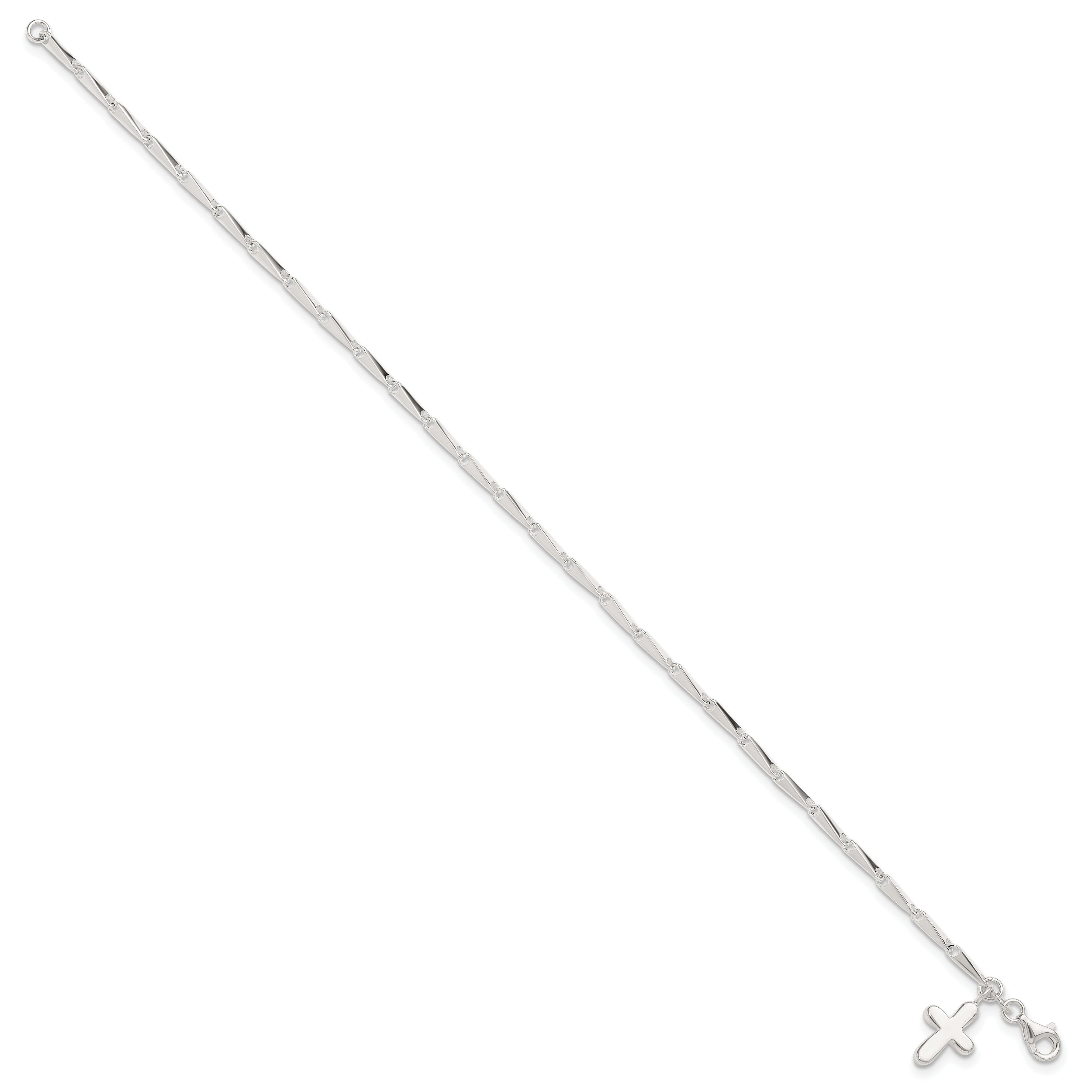 Sterling Silver 9 In Solid Polished Cross On Fancy Link Anklet
