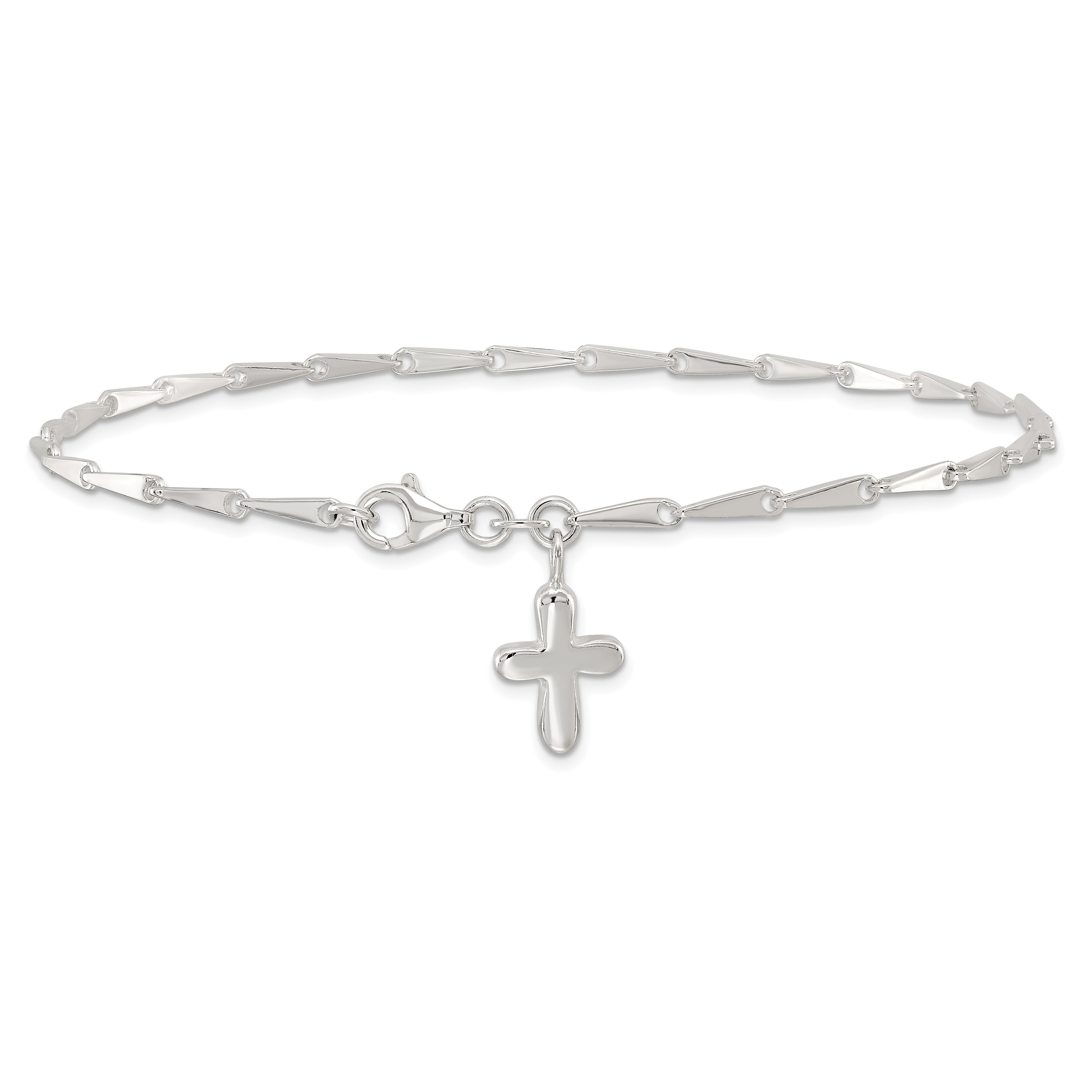 Sterling Silver 9 In Solid Polished Cross On Fancy Link Anklet