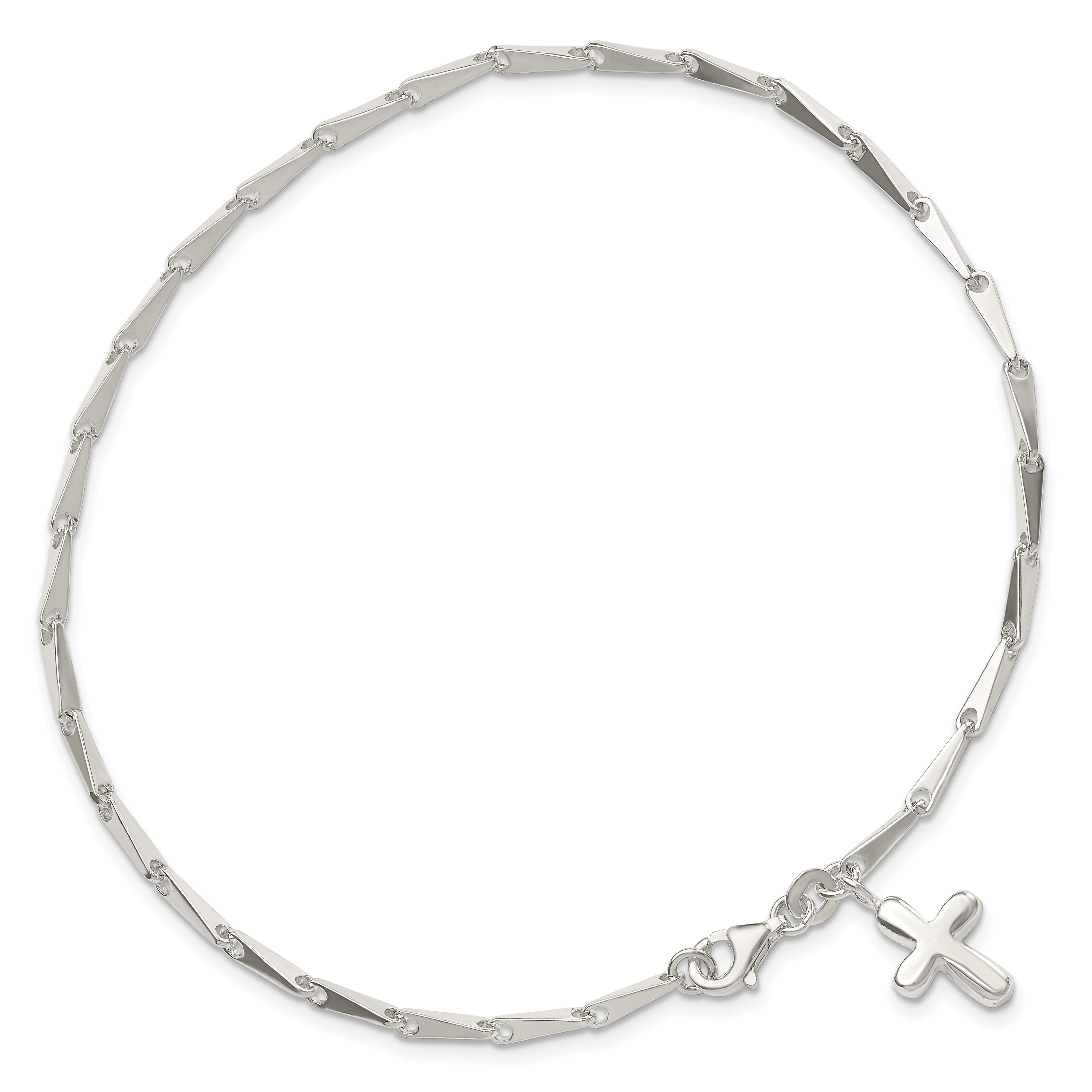 Sterling Silver 9 In Solid Polished Cross On Fancy Link Anklet
