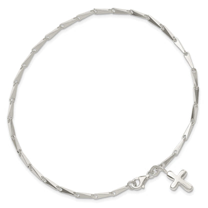 Sterling Silver 9 In Solid Polished Cross On Fancy Link Anklet