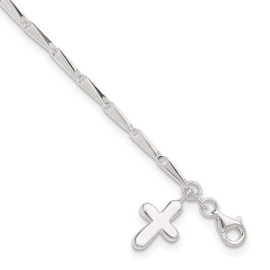 Sterling Silver 10 In Solid Polished Cross On Fancy Link Anklet