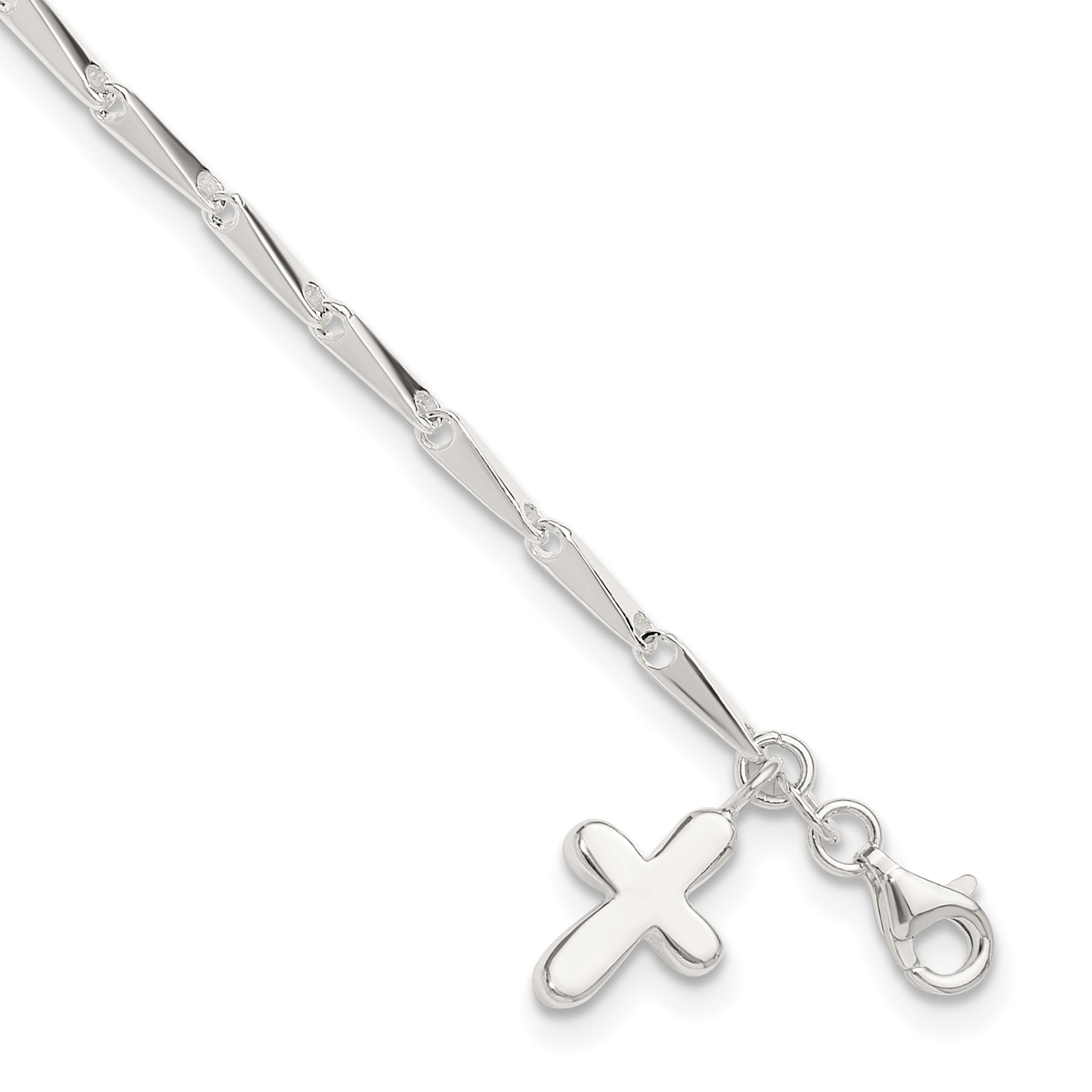 Sterling Silver 9 In Solid Polished Cross On Fancy Link Anklet