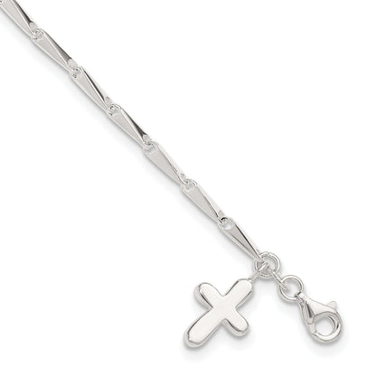 Sterling Silver 9 In Solid Polished Cross On Fancy Link Anklet