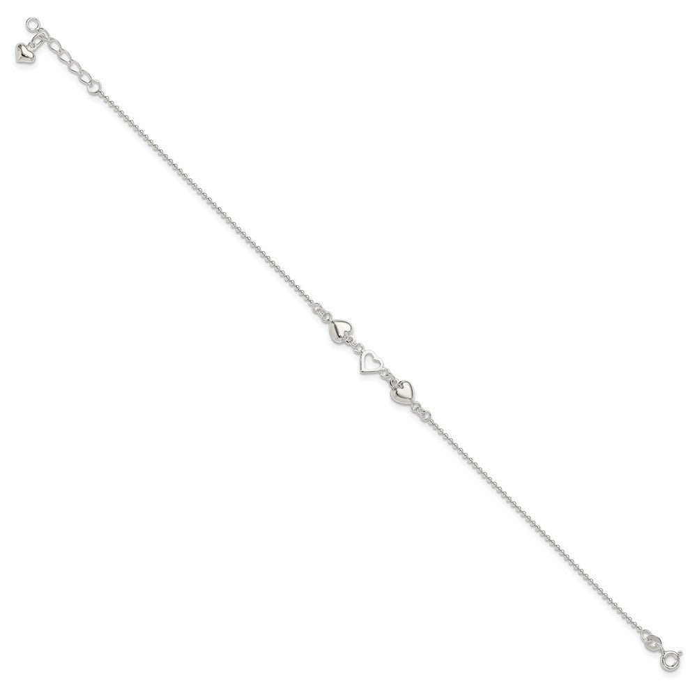 Sterling Silver 9Inch Plus 1In Ext Polished Hearts Anklet