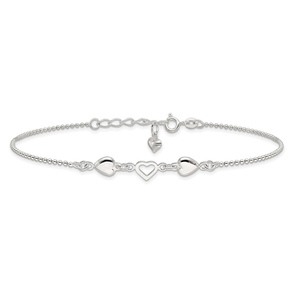 Sterling Silver 9Inch Plus 1In Ext Polished Hearts Anklet