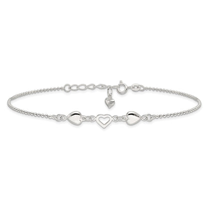 Sterling Silver 9Inch Plus 1In Ext Polished Hearts Anklet
