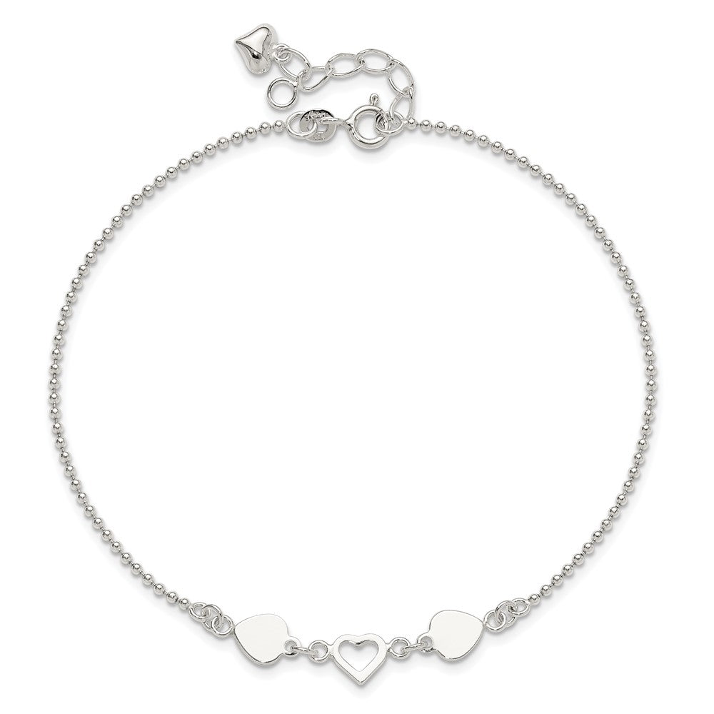 Sterling Silver 9Inch Plus 1In Ext Polished Hearts Anklet