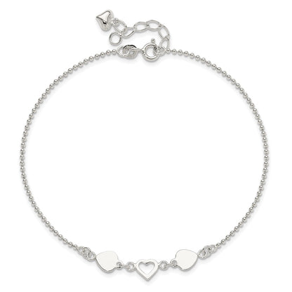 Sterling Silver 9Inch Plus 1In Ext Polished Hearts Anklet