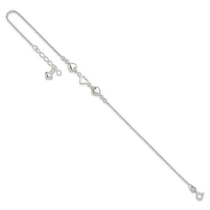Sterling Silver 9Inch Plus 1In Ext Polished Hearts Anklet