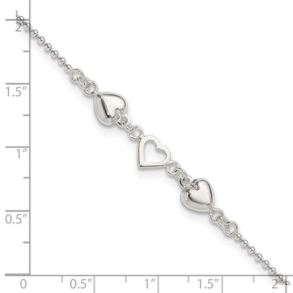 Sterling Silver 9Inch Plus 1In Ext Polished Hearts Anklet