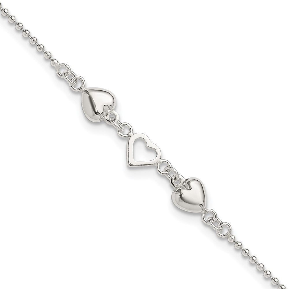 Sterling Silver 9Inch Plus 1In Ext Polished Hearts Anklet