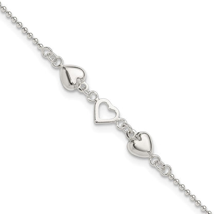 Sterling Silver 9Inch Plus 1In Ext Polished Hearts Anklet