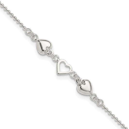 Sterling Silver 9Inch Plus 1In Ext Polished Hearts Anklet