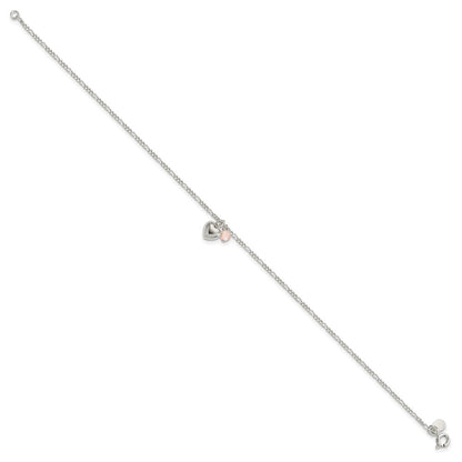 Sterling Silver Cherry Quartz Dangling Hearts On Figaro Link Anklet