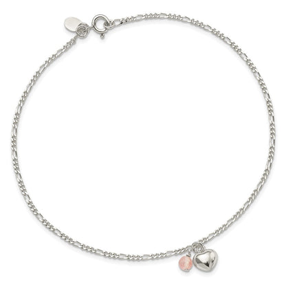 Sterling Silver Cherry Quartz Dangling Hearts On Figaro Link Anklet