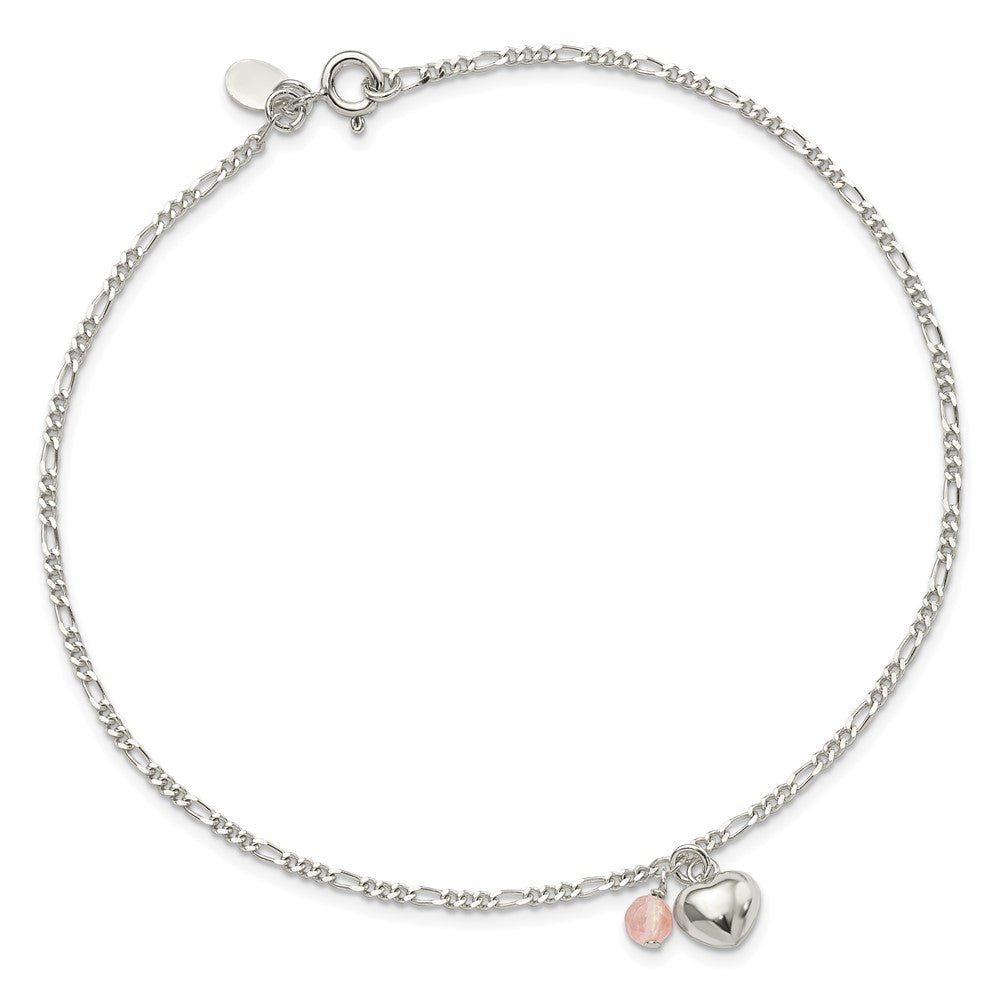 Sterling Silver Cherry Quartz Dangling Hearts On Figaro Link Anklet