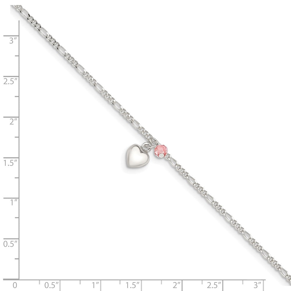 Sterling Silver Cherry Quartz Dangling Hearts On Figaro Link Anklet