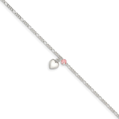 Sterling Silver Cherry Quartz Dangling Hearts On Figaro Link Anklet