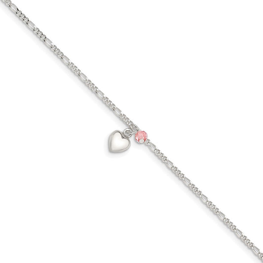Sterling Silver Cherry Quartz Dangling Hearts On Figaro Link Anklet