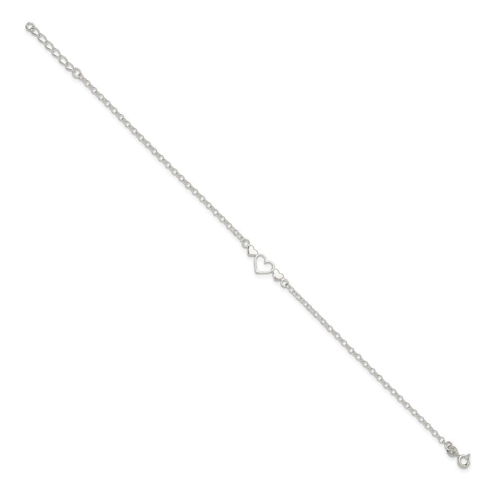 Sterling Silver 9Inch Plus 1 In Ext. Polished Triple Heart Anklet