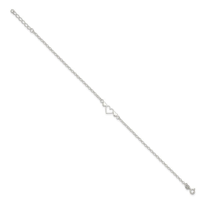 Sterling Silver 9Inch Plus 1 In Ext. Polished Triple Heart Anklet