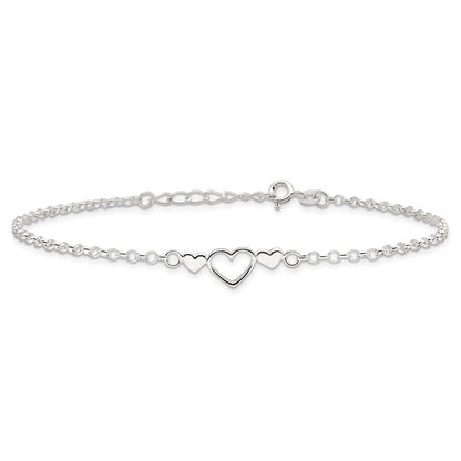 Sterling Silver 9Inch Plus 1 In Ext. Polished Triple Heart Anklet