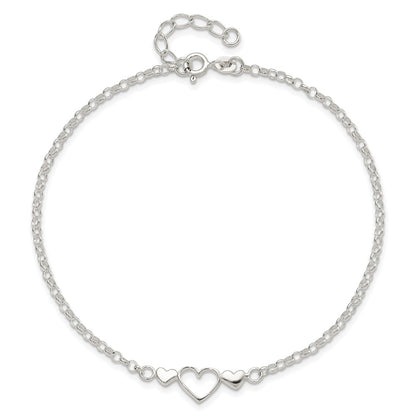 Sterling Silver 9Inch Plus 1 In Ext. Polished Triple Heart Anklet