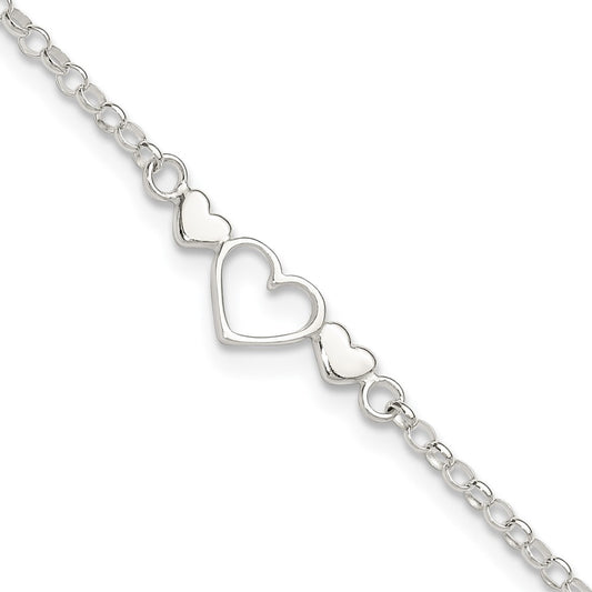 Sterling Silver 9Inch Plus 1 In Ext. Polished Triple Heart Anklet