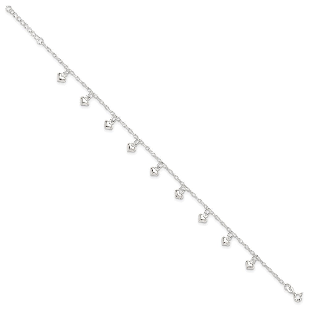 Sterling Silver 9Inch Plus 1In Ext Polished Puffed Heart Anklet