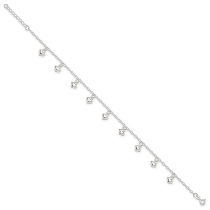 Sterling Silver 9Inch Plus 1In Ext Polished Puffed Heart Anklet