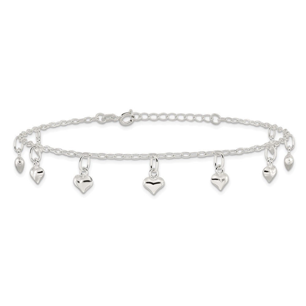 Sterling Silver 9Inch Plus 1In Ext Polished Puffed Heart Anklet