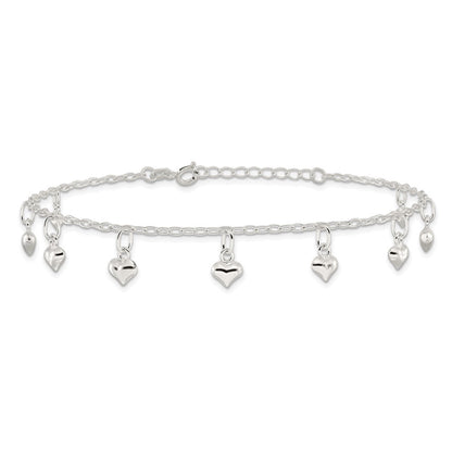 Sterling Silver 9Inch Plus 1In Ext Polished Puffed Heart Anklet