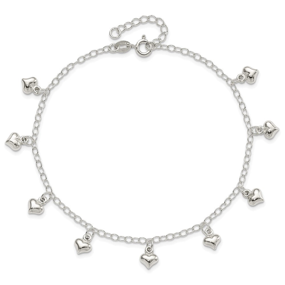 Sterling Silver 9Inch Plus 1In Ext Polished Puffed Heart Anklet