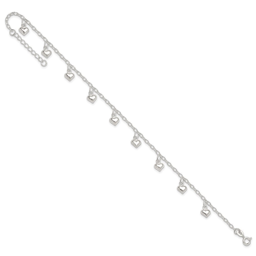 Sterling Silver 9Inch Plus 1In Ext Polished Puffed Heart Anklet