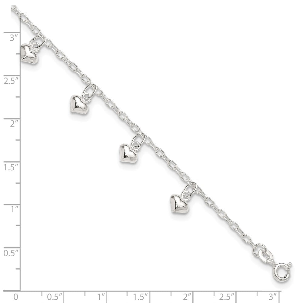 Sterling Silver 9Inch Plus 1In Ext Polished Puffed Heart Anklet