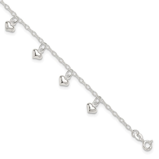 Sterling Silver 9Inch Plus 1In Ext Polished Puffed Heart Anklet