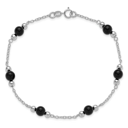 Sterling Silver Rhodium-Plated 9Inch Polished Onyx Anklet