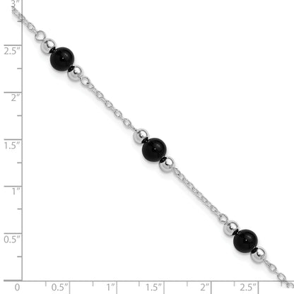 Sterling Silver Rhodium-Plated 9Inch Polished Onyx Anklet