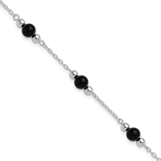 Sterling Silver Rhodium-Plated 9Inch Polished Onyx Anklet