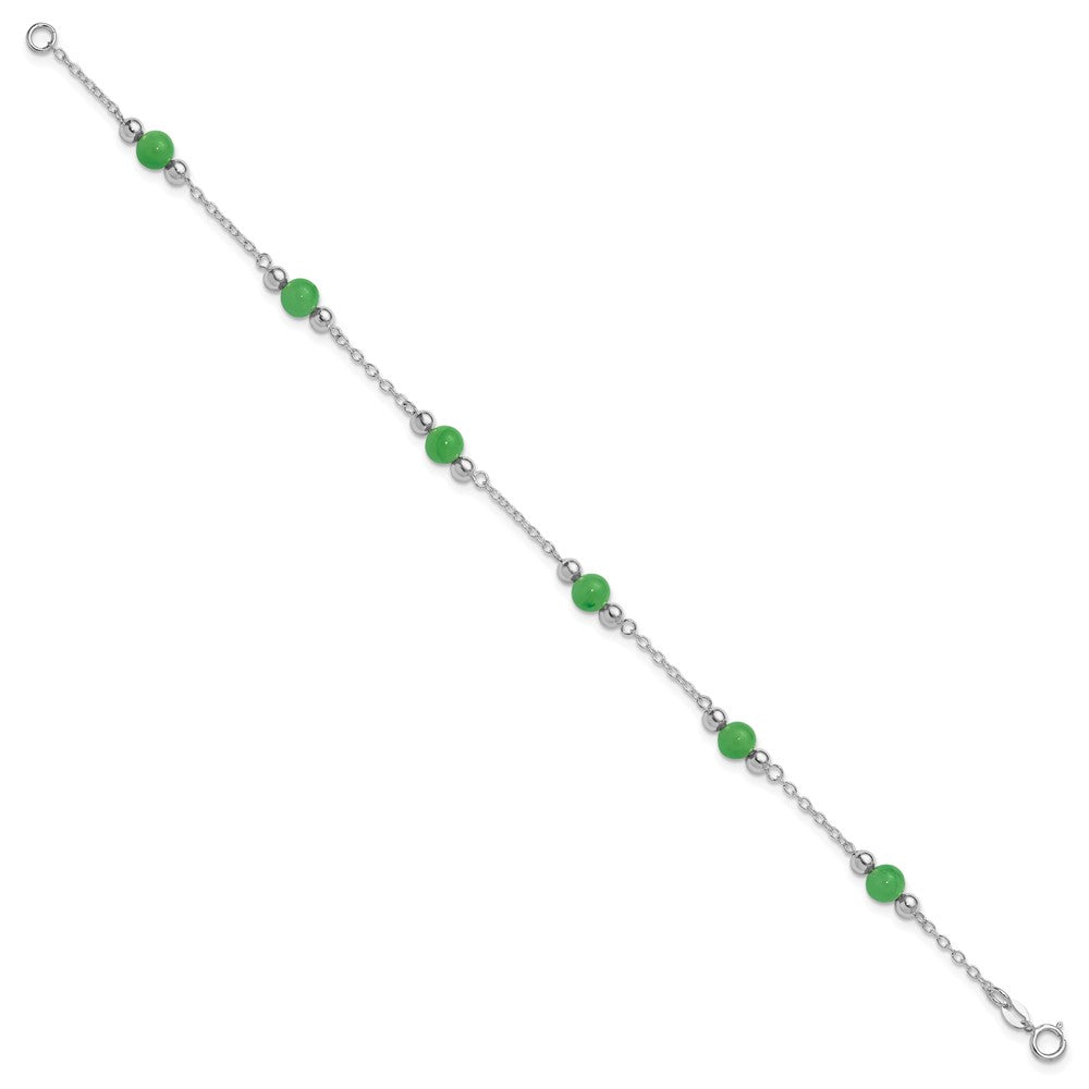 Sterling Silver Rhodium-Plated 9Inch Polished Green Jade Anklet