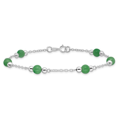 Sterling Silver Rhodium-Plated 9Inch Polished Green Jade Anklet