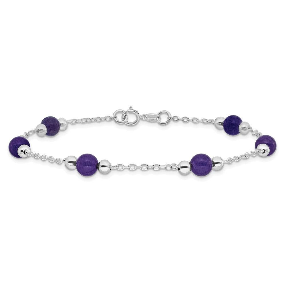 Sterling Silver Rhodium-Plated 9Inch Polished Lavender Jade Anklet