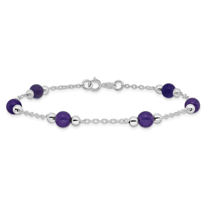 Sterling Silver Rhodium-Plated 9Inch Polished Lavender Jade Anklet