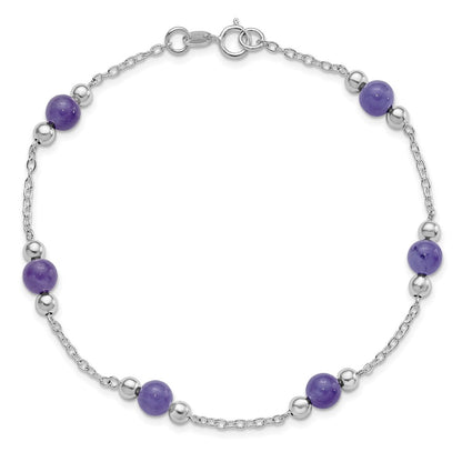 Sterling Silver Rhodium-Plated 9Inch Polished Lavender Jade Anklet