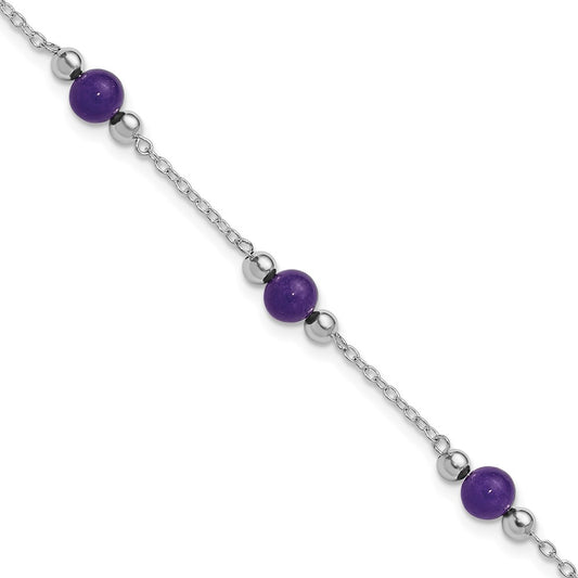 Sterling Silver Rhodium-Plated 9Inch Polished Lavender Jade Anklet