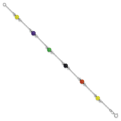 Sterling Silver Rhodium-Plated 9Inch Polished Multi-Color Jade Anklet