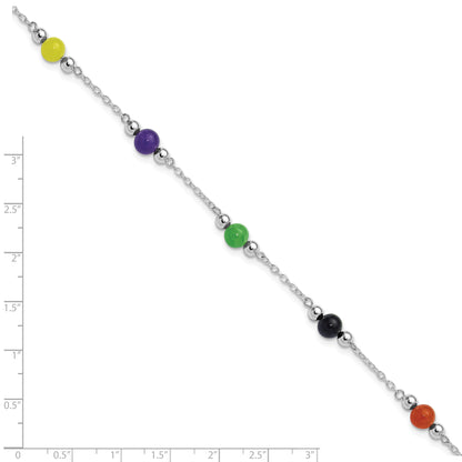 Sterling Silver Rhodium-Plated 9Inch Polished Multi-Color Jade Anklet